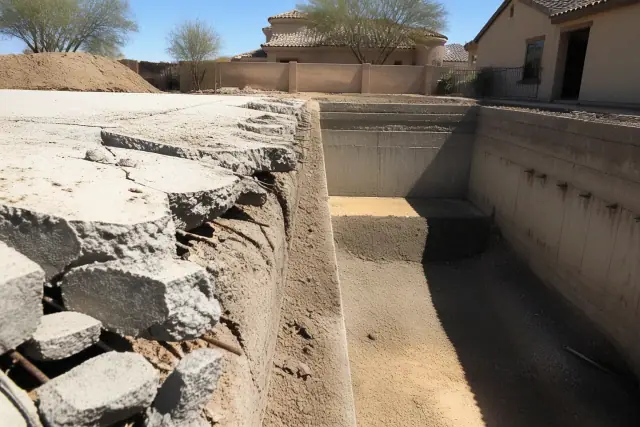 Excavation site in Phoenix, AZ, comparing a poured concrete slab foundation to a deep basement pit.