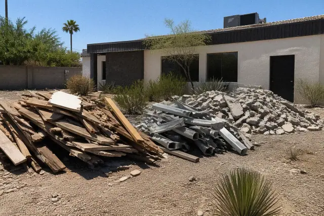 Sorted construction waste including wood, metal, and masonry at a jobsite in Phoenix, AZ.