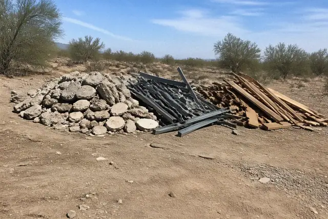Piles of sorted construction waste including wood, metal, and concrete in Phoenix, AZ, surrounded by desert soil.