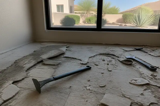 Stone and saltillo tile removal in progress on a concrete subfloor at a residential site in Phoenix, AZ.