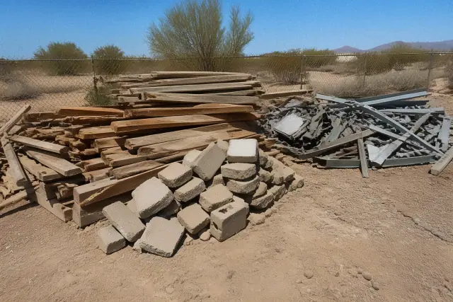 Sorted construction debris including wood, metal, and masonry piled at a job site in Phoenix, AZ.
