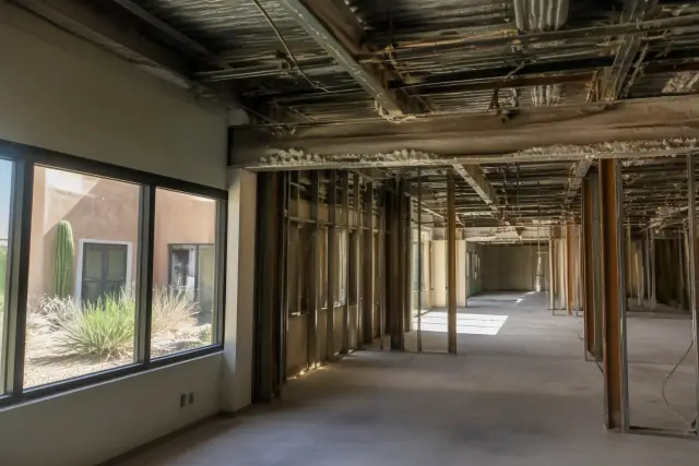 Interior of a commercial demolition site in Phoenix, AZ, showing exposed structural studs and ceiling utility conduits.