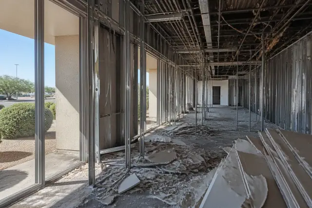 Interior view of a commercial office gut job and structural demolition in progress in Glendale, AZ.
