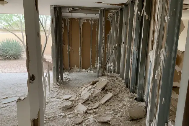 Structural demolition of an interior partition wall with exposed metal studs and debris in a Phoenix, AZ construction site.