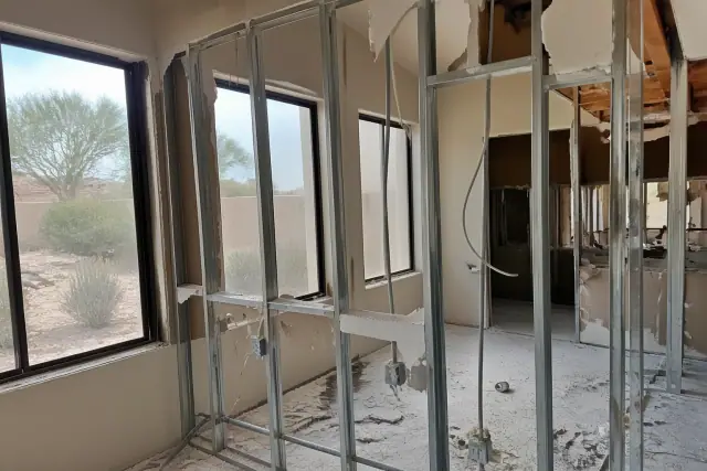 Partially dismantled interior wall and metal studs during a home demolition project in Scottsdale, AZ.