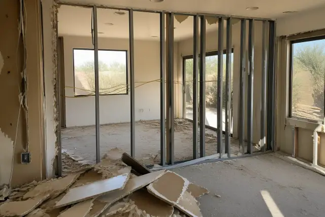 Partial drywall and metal stud demolition inside a house renovation project in Surprise, AZ.