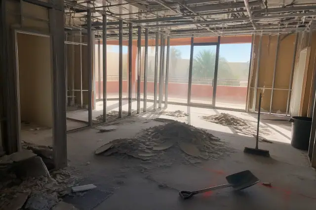 Interior structural demolition showing exposed studs and utility conduits at a construction site in Tempe, AZ.
