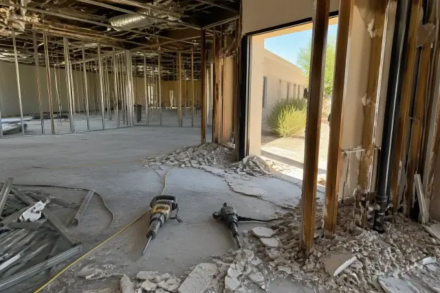 Structural demolition of an office interior with exposed wall studs and debris on the floor in Mesa, AZ.