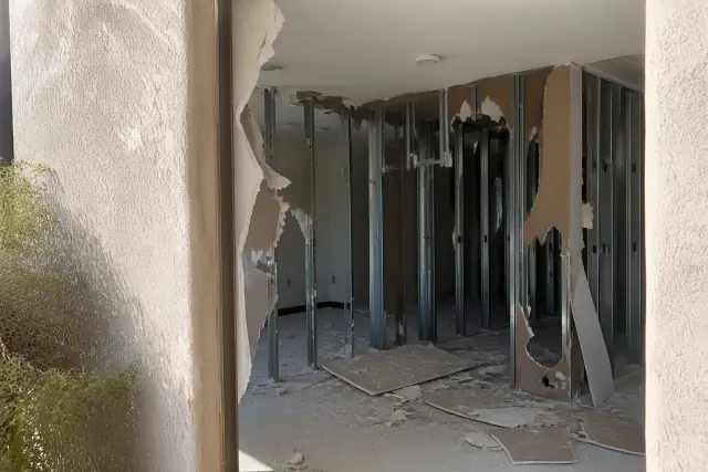 Interior of a room undergoing drywall and metal stud wall demolition at a jobsite in Peoria, AZ.