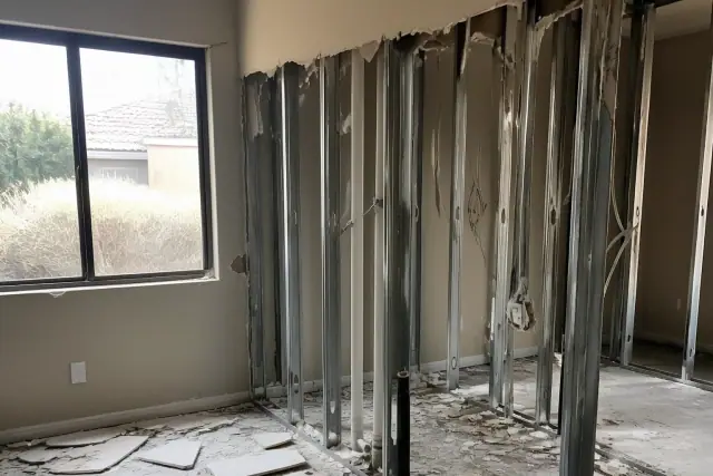 Partition wall demolition with exposed metal studs and drywall debris at a residential site in Gilbert, AZ.