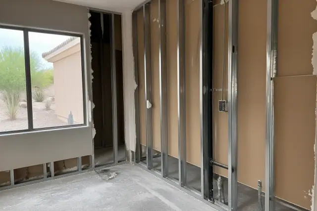 Interior partition wall demolition and exposed metal studs during a home renovation in Goodyear, AZ.