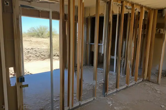 Structural demolition of an interior wall with exposed metal studs and construction debris in Queen Creek, AZ.
