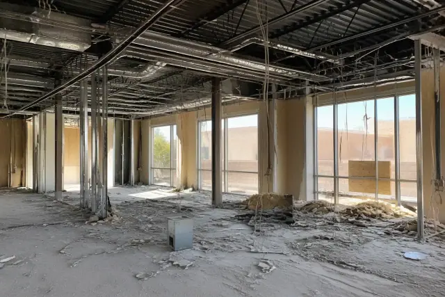 Interior of a commercial office during structural demolition in Phoenix, AZ, showing exposed studs and wiring.