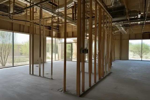 Interior view of an empty room with exposed wall studs and ceiling conduits during a structural survey in Phoenix, AZ.