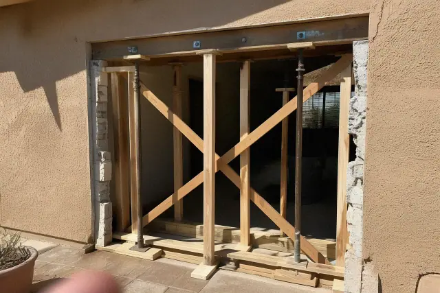 Temporary timber bracing and structural jacks supporting a new doorway opening in a wall in Phoenix, AZ.