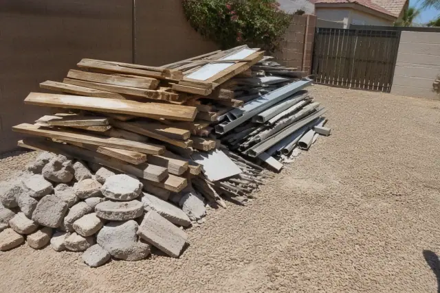 Sorted pile of construction waste including wood, metal, and masonry at a jobsite in Phoenix, AZ.