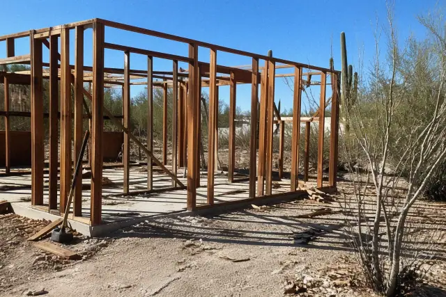 Skeletal wooden frame of a small structure during hand demolition in a Phoenix, AZ yard.