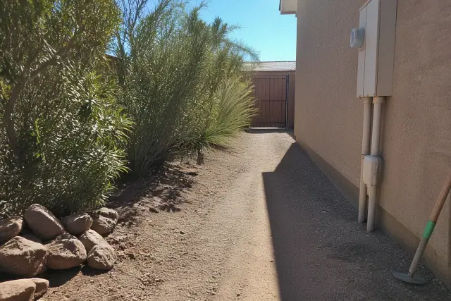 Narrow side yard access for equipment during a backyard excavation project in Phoenix, AZ.