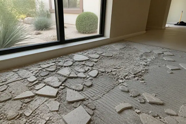 Jagged tile, mortar, and thinset shards on a floor during a renovation project in Phoenix, AZ.