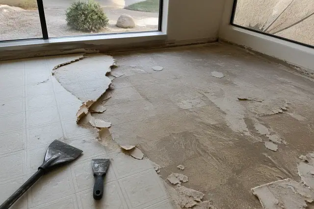 Vinyl and linoleum flooring removal revealing a subfloor with adhesive residue at a job site in Phoenix, AZ.