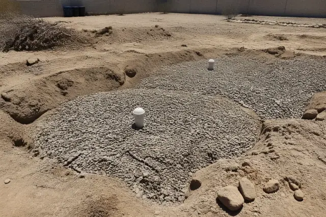 Excavation pit showing PVC piping and gravel for well and septic abandonment at a residential job site in Phoenix, AZ.