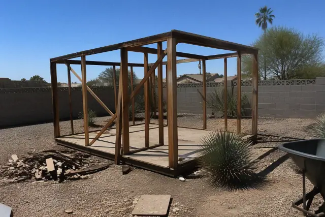 Wooden shed framework undergoing demolition on a gravel lot in Phoenix, AZ.