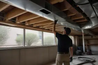 Technician inspecting clean metal air ducts near desert-view windows in a Phoenix, AZ basement.