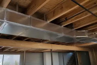 Foil-taped silver metal air ducts and floor joists in an unfinished Phoenix, AZ basement.