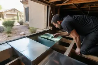 Technician inspecting clean metal air ducts with an inspection light in a Phoenix, AZ basement.