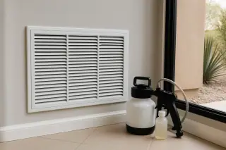 White return air vent on a wall next to an antimicrobial spray bottle in a Phoenix, AZ home.