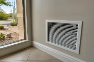 Sanitized return air vent with antimicrobial mist residue on metal fins in a Phoenix, AZ home.