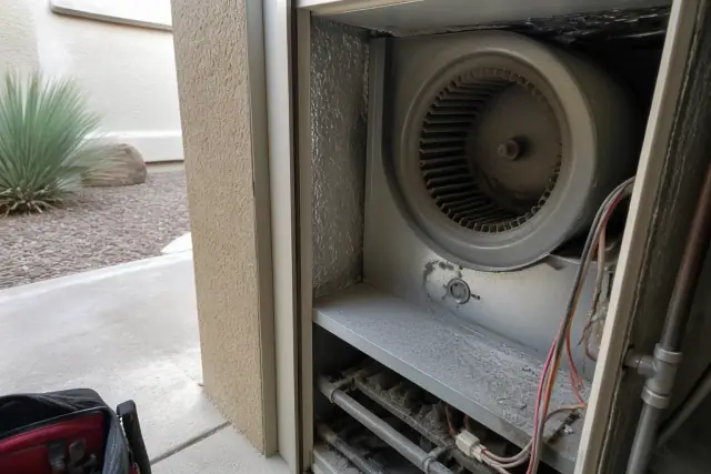 Furnace blower compartment being cleaned in a residential utility closet in Phoenix, AZ.