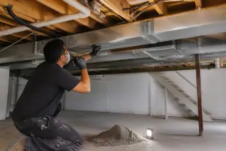 Heap of collected dust and a small inspection light next to cleaned metal air ducts in a Phoenix, AZ basement.