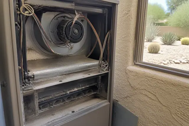 Technician cleaning a furnace blower compartment in a Phoenix, AZ home.