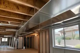 Clean silver metal ductwork and exposed floor joists visible through a basement window in Phoenix, AZ.