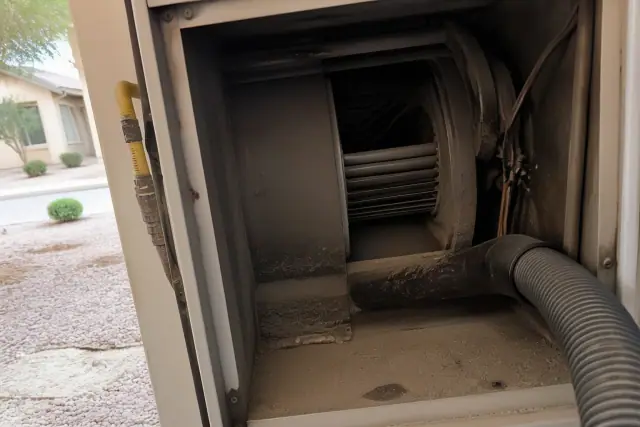 Furnace blower compartment with dust buildup and vacuum tools in a residential utility closet in Phoenix, AZ.