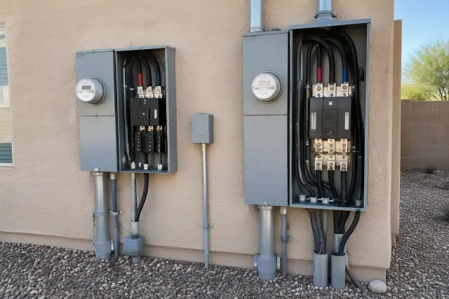 Exterior meter combo with service cables on a stucco wall in Phoenix, AZ.