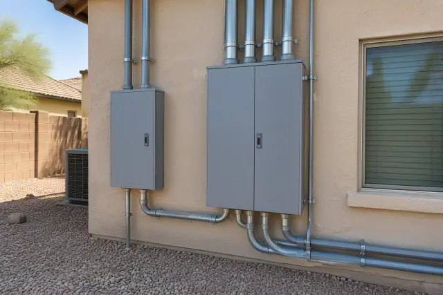 200 amp and 400 amp service upgrade with metal enclosure on a stucco wall in Phoenix, AZ.