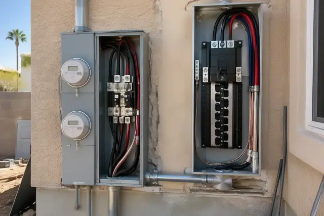Federal Pacific panel replacement and 200 Amp service upgrade on a stucco wall in Phoenix, AZ.