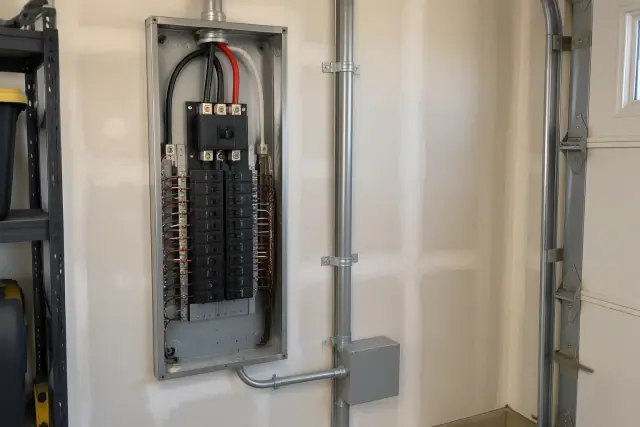 200 amp breaker panel and service entrance in a residential garage in Phoenix, AZ.