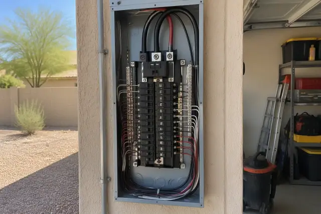 200 Amp electrical panel replacement on a stucco exterior in Phoenix, AZ.
