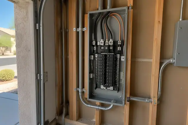 New 200 amp electrical panel and conduit in a residential garage in Gilbert, AZ.