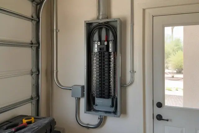 200 Amp electrical panel upgrade with thick copper cables in a Glendale, AZ residential garage.
