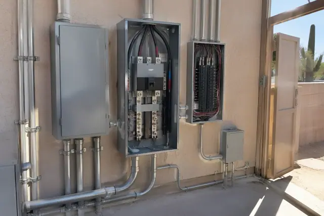 Electrician's progress photo of commercial 200 Amp service upgrades on a stucco utility wall in Phoenix, AZ.