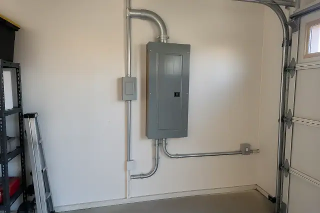 200 amp electrical panel upgrade with conduit on a garage wall in Buckeye, AZ.