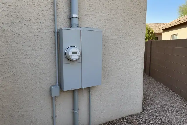 New 200 Amp electrical panel and thick cables on an exterior stucco wall in Surprise, AZ.