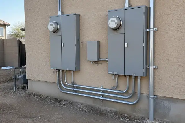 Contractor progress photo of a 200 to 400 amp service upgrade on a stucco exterior in Phoenix, AZ.