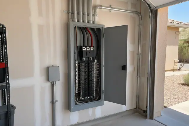 Residential garage electrical panel upgrade with heavy copper wires in Chandler, AZ.