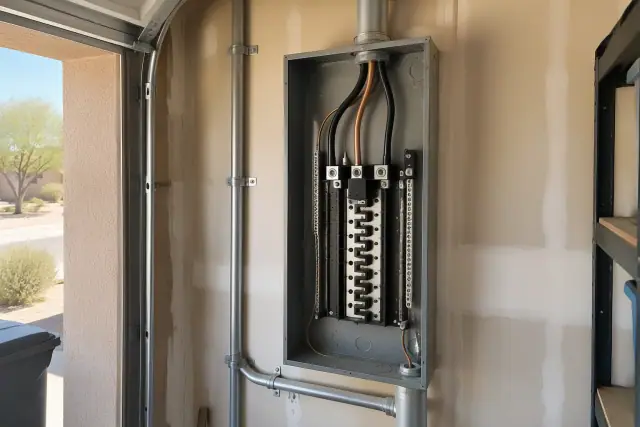 Electrical panel upgrade in a residential garage in Mesa, AZ, showing conduit and copper wires.