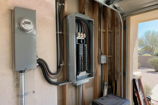 200 Amp service upgrade with feeder wires and breakers inside a residential garage in Phoenix, AZ.